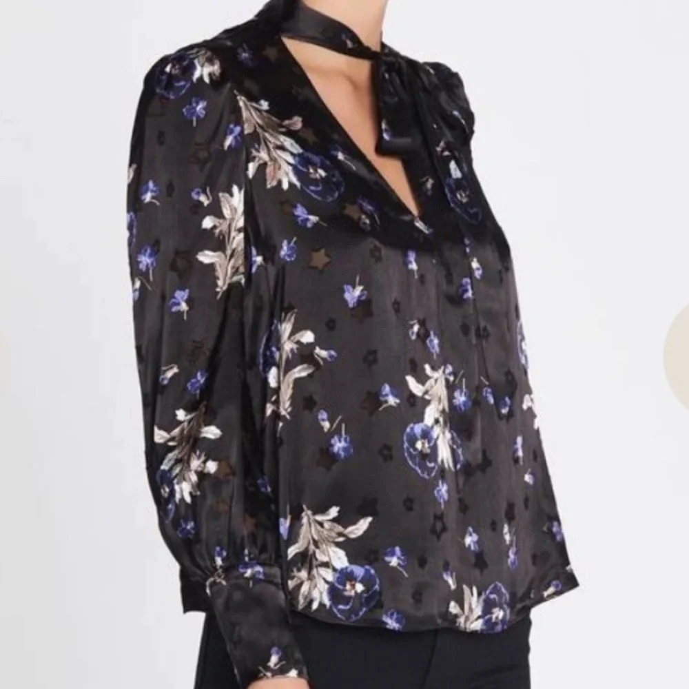 Rebecca Taylor Satin Burnout Scarf Neck Top - Violet Floral Size 4 - Picture 6 of 14